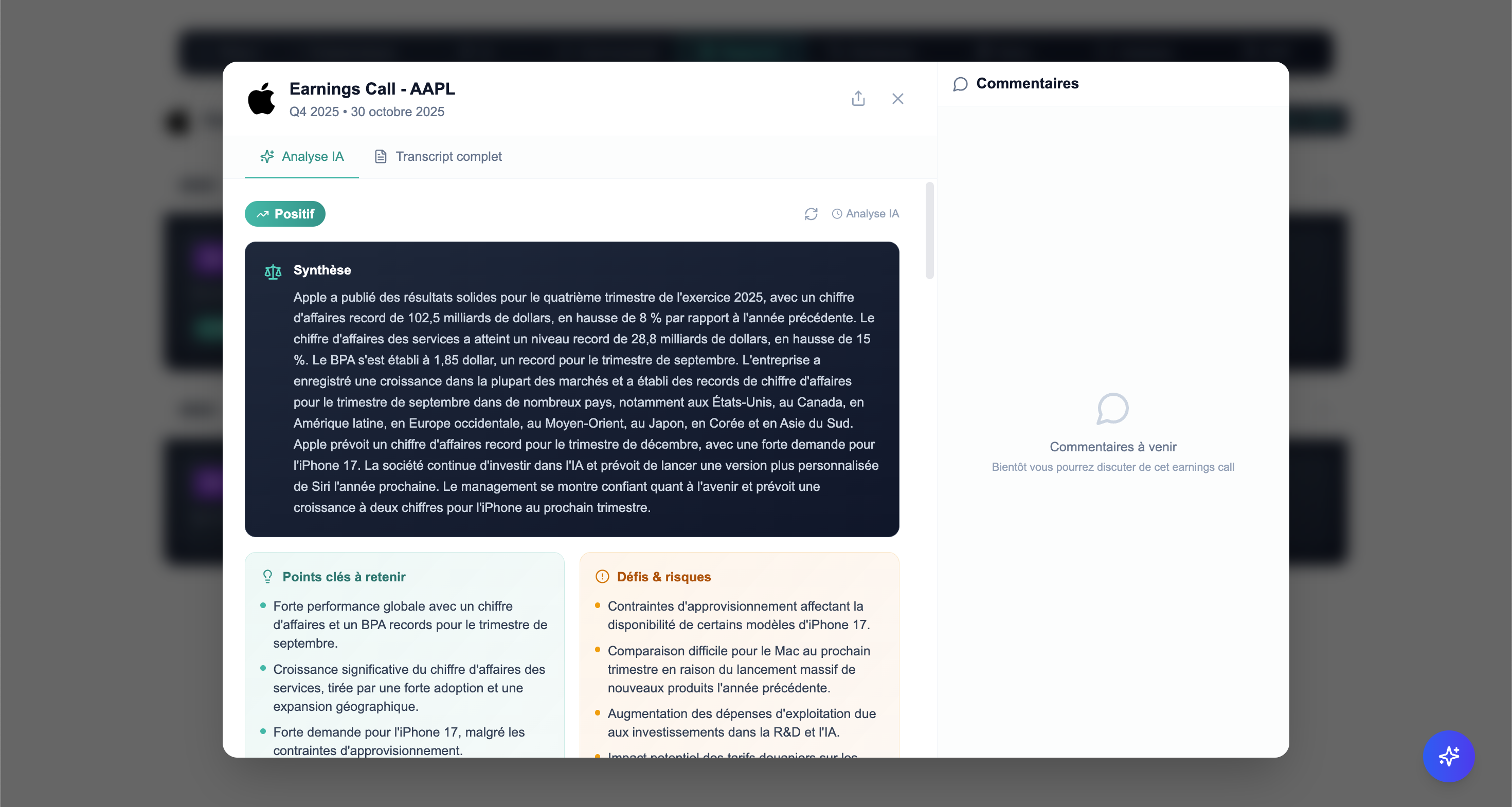 Assistant IA - synthèse d'earnings